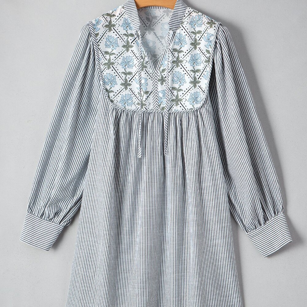 B264 Black Stripe Floral Patchwork Tied V Neck Shift Long Sleeve Mini Dress - Picture 7 of 14